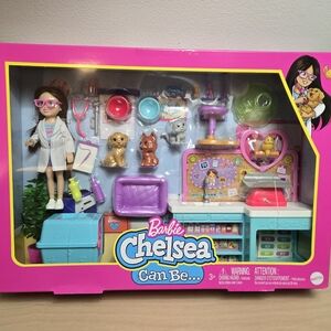 NEW Barbie Chelsea Can Be… Anything Veterinarian Play Set With Pets Dog Cat Bird